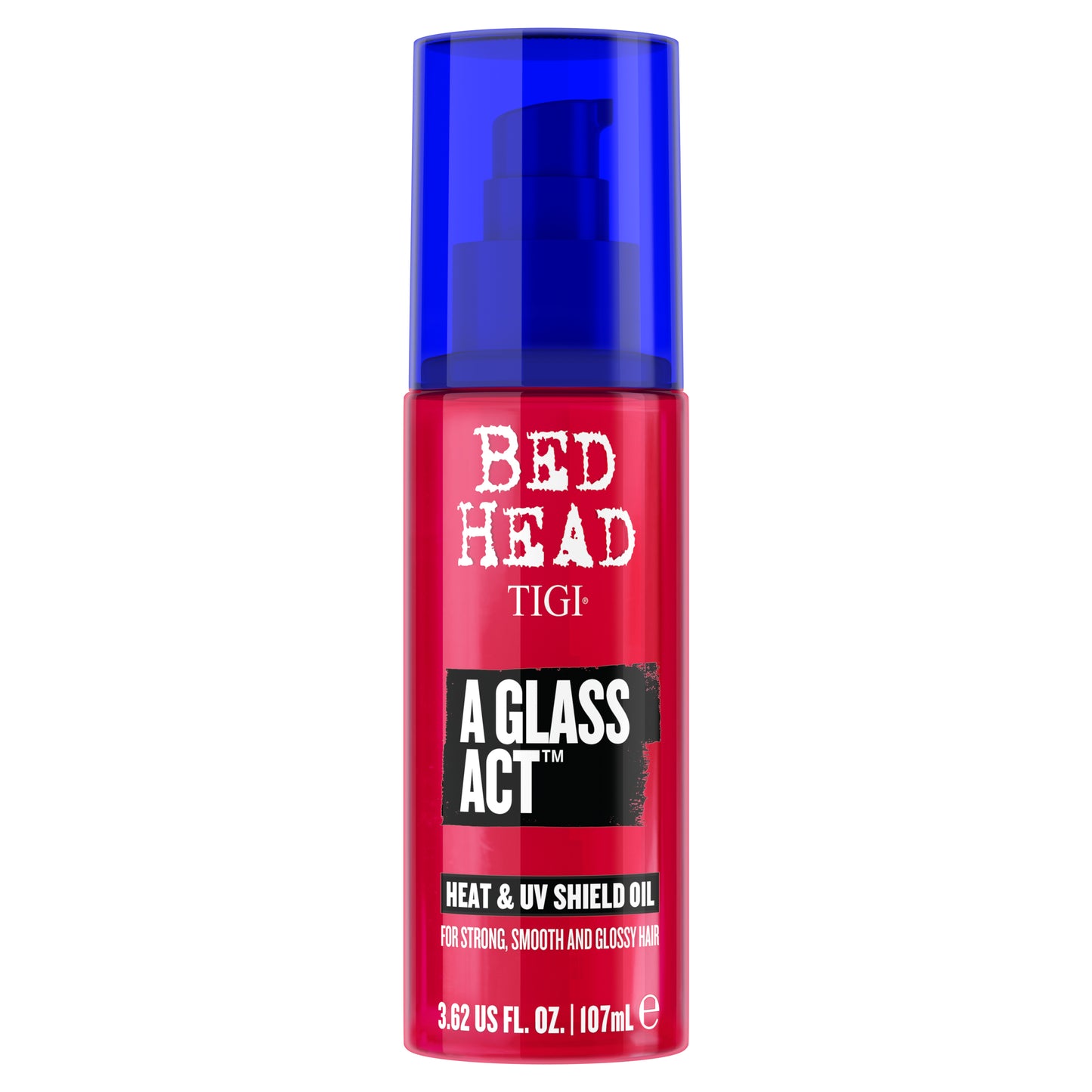 Bed Head A Glass Act heat & UV shield oil bottle with blue cap and pink label