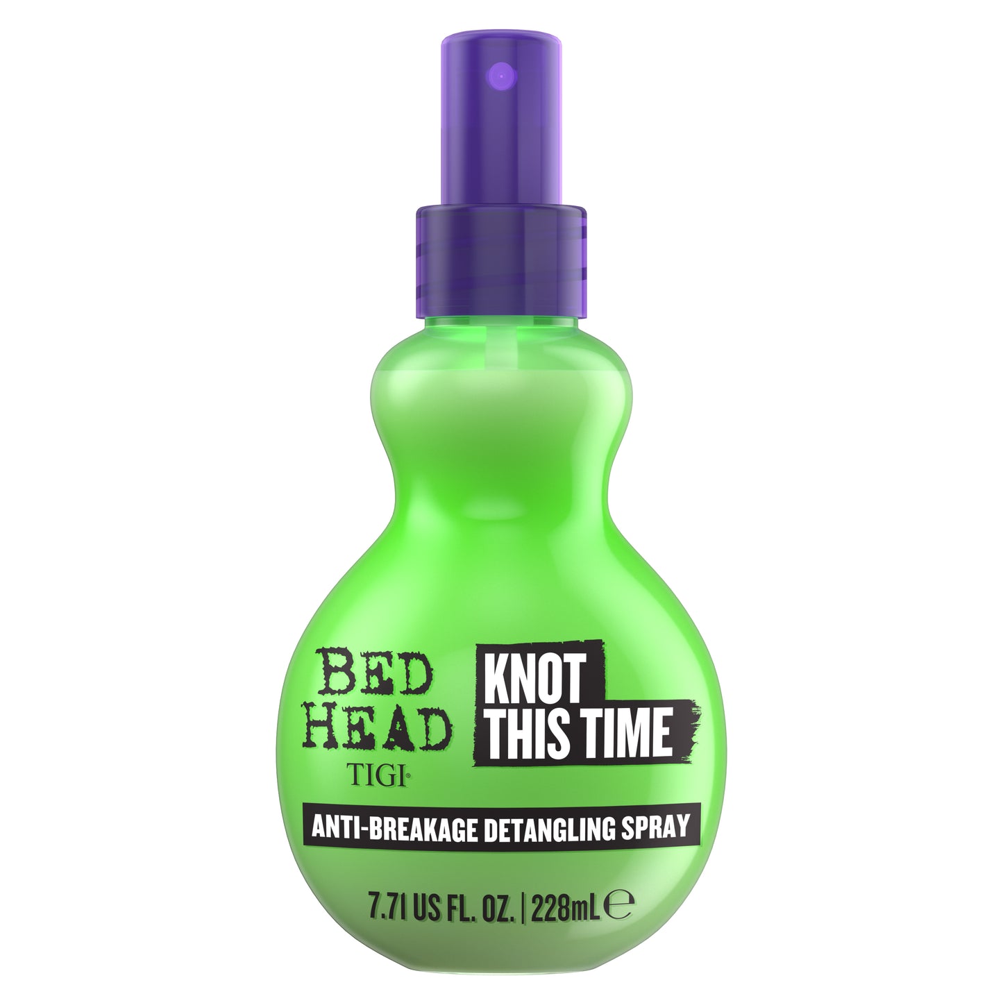 Green detangling spray bottle with purple mist nozzle and Bed Head TIGI label.
